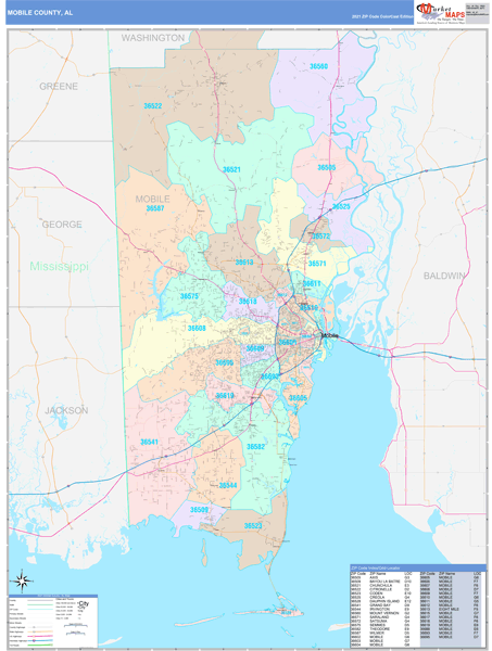 Mobile County, AL Wall Map Color Cast Style by MarketMAPS