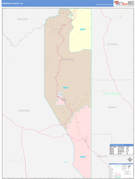 Greenlee County, AZ Wall Map Color Cast Style by MarketMAPS