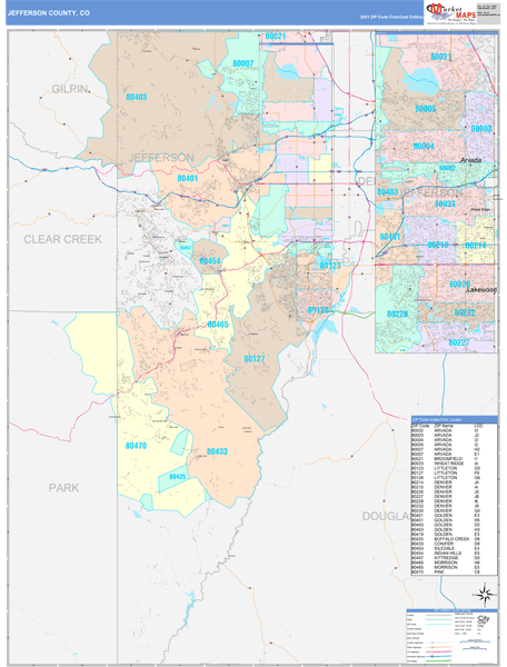 Jefferson County, CO Wall Map Color Cast Style by MarketMAPS