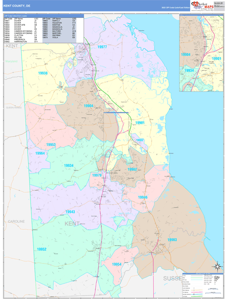 Kent County, De Wall Map Color Cast Style By Marketmaps