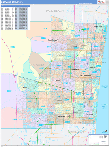 Broward County, FL Wall Map Color Cast Style by MarketMAPS