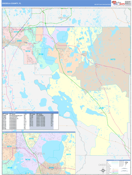 Osceola County, FL Wall Map Color Cast Style by MarketMAPS