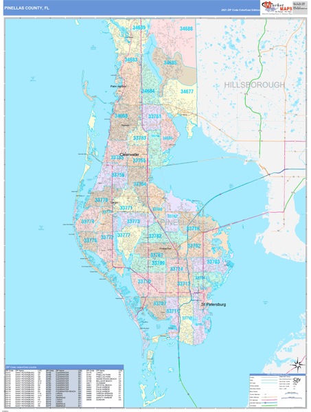 Pinellas County, FL Wall Map Color Cast Style by MarketMAPS