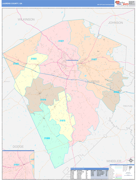 Laurens County, GA Wall Map Color Cast Style by MarketMAPS