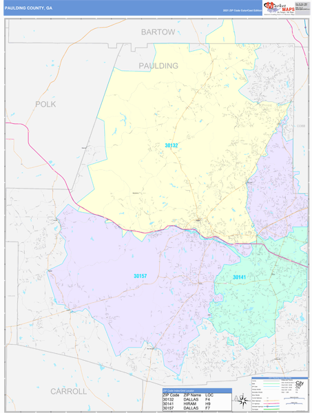 Paulding County, GA Wall Map Color Cast Style by MarketMAPS