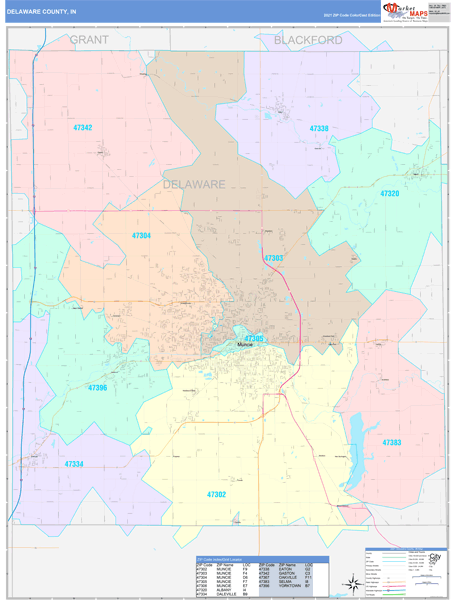 Delaware County, IN Wall Map Color Cast Style by MarketMAPS