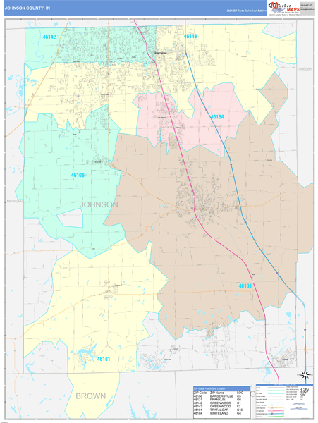 Johnson County, IN Wall Map Color Cast Style by MarketMAPS