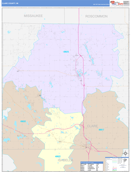 Clare County, MI Wall Map Color Cast Style by MarketMAPS