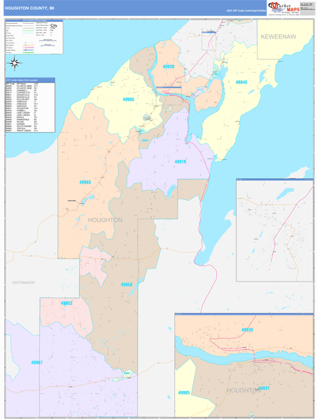 Houghton County, MI Wall Map Color Cast Style by MarketMAPS