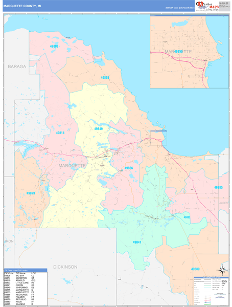 Marquette County, MI Wall Map Color Cast Style by MarketMAPS