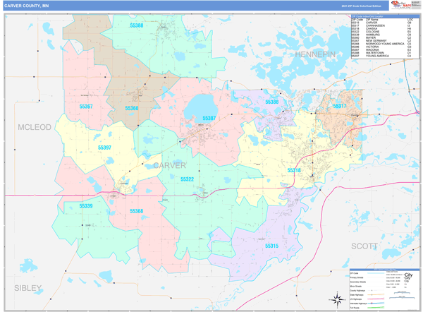 Carver County, MN Wall Map Color Cast Style by MarketMAPS