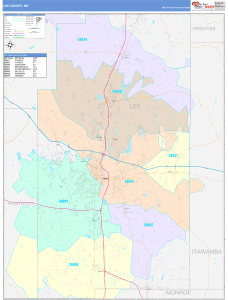 Lee County, MS Wall Map Color Cast Style by MarketMAPS