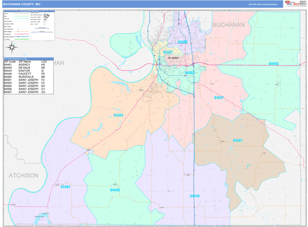 Buchanan County, MO Wall Map Color Cast Style by MarketMAPS