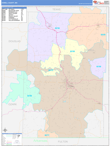 Howell County, MO Wall Map Color Cast Style by MarketMAPS