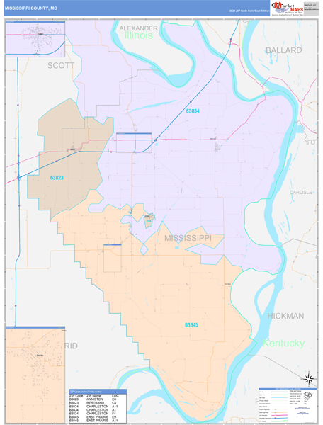 Mississippi County, MO Wall Map Color Cast Style by MarketMAPS