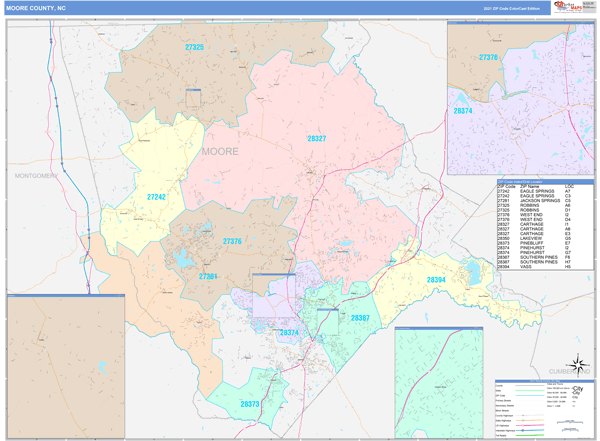 Moore County, NC Wall Map Color Cast Style by MarketMAPS