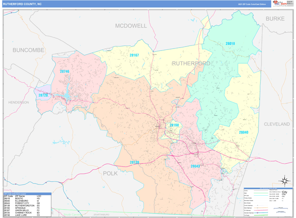 Rutherford County, NC Wall Map Color Cast Style by MarketMAPS