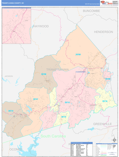 Transylvania County, NC Wall Map Color Cast Style by MarketMAPS