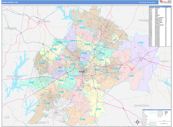 Wake County, NC Wall Map Color Cast Style by MarketMAPS