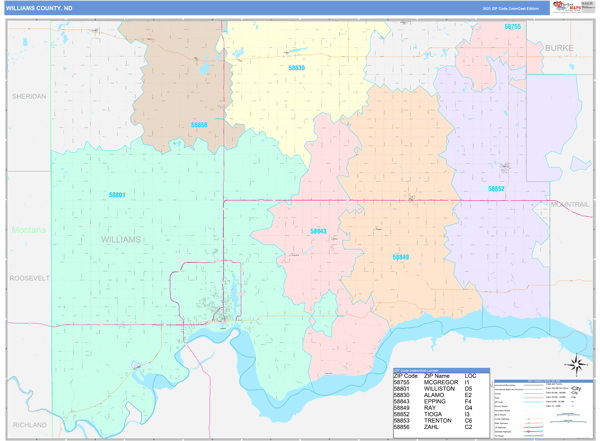 Williams County, ND Wall Map Color Cast Style by MarketMAPS