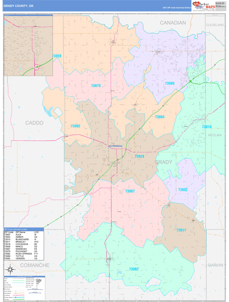 Grady County, OK Wall Map Color Cast Style by MarketMAPS