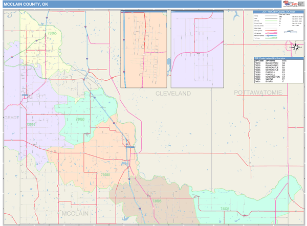 McClain County, OK Wall Map Color Cast Style by MarketMAPS