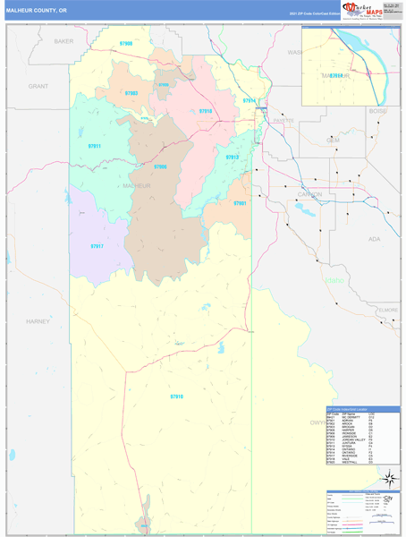 Malheur County, OR Wall Map Color Cast Style by MarketMAPS