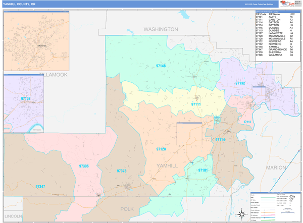 Yamhill County, OR Wall Map Color Cast Style by MarketMAPS