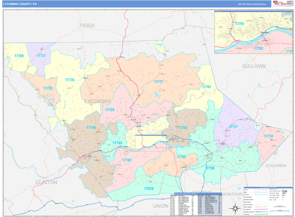 Lycoming County, PA Wall Map Color Cast Style by MarketMAPS