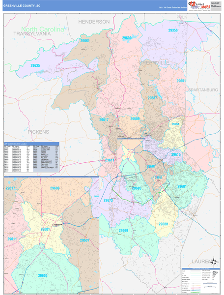 Greenville County, SC Wall Map Color Cast Style by MarketMAPS