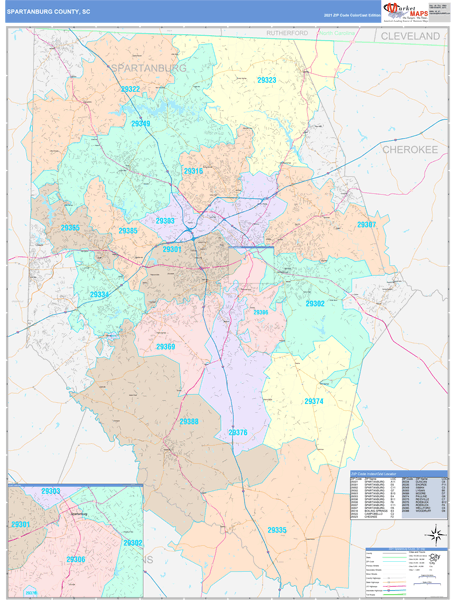 Spartanburg County, SC Wall Map Color Cast Style by MarketMAPS