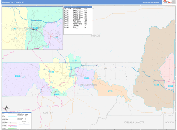 Pennington County, SD Wall Map Color Cast Style by MarketMAPS