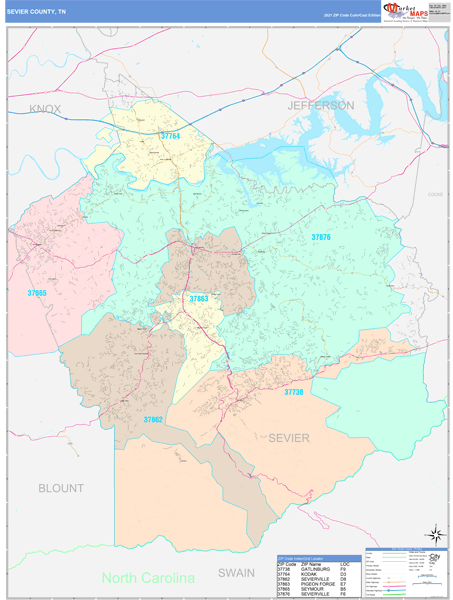 Sevier County, Tn Wall Map Color Cast Style By Marketmaps