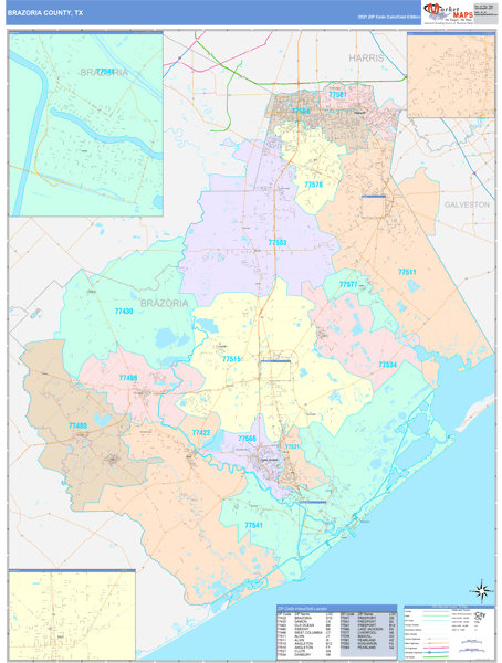 Brazoria County, TX Wall Map Color Cast Style by MarketMAPS