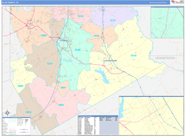 Ellis County, TX Wall Map Color Cast Style by MarketMAPS