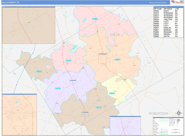 Falls County, TX Wall Map Color Cast Style By MarketMAPS