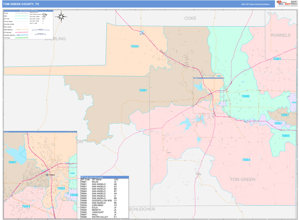 Tom Green County, TX Wall Map Color Cast Style by MarketMAPS