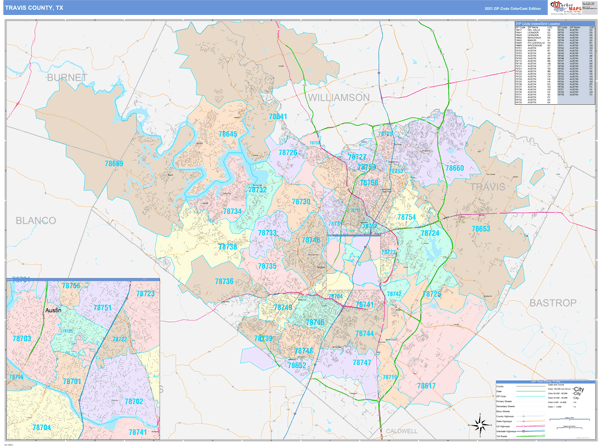 Travis County, TX Wall Map Color Cast Style by MarketMAPS