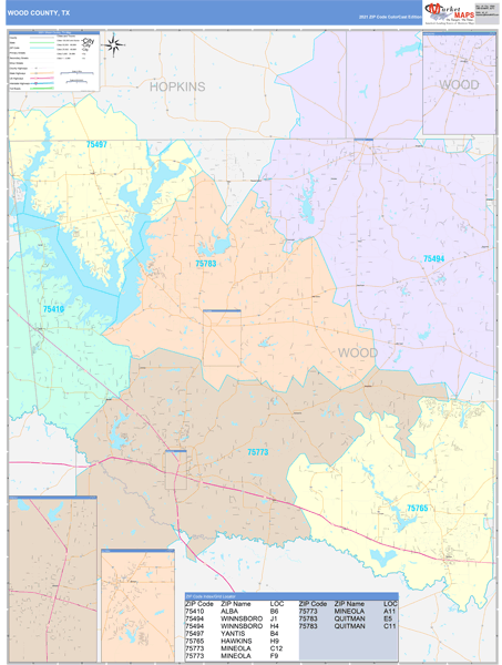 Wood County, TX Wall Map Color Cast Style by MarketMAPS