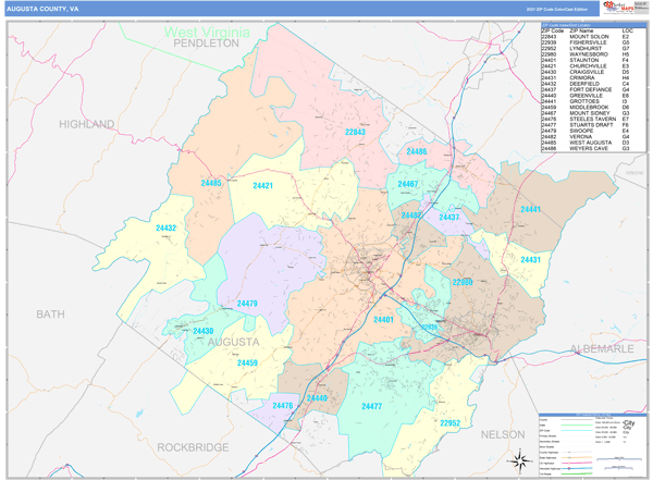 Augusta County, VA Wall Map Color Cast Style by MarketMAPS