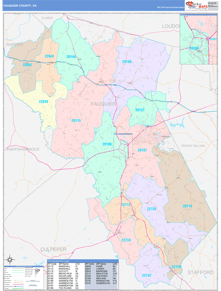 Fauquier County, VA Wall Map Color Cast Style by MarketMAPS