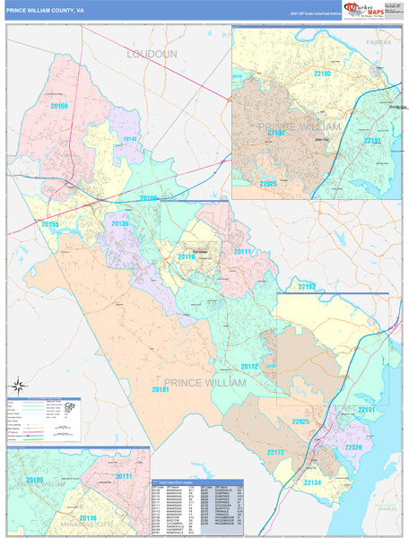 Prince William County, VA Wall Map Color Cast Style by MarketMAPS