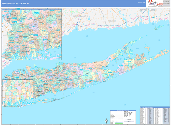 Nassau-Suffolk County, NY Wall Map Color Cast Style by MarketMAPS