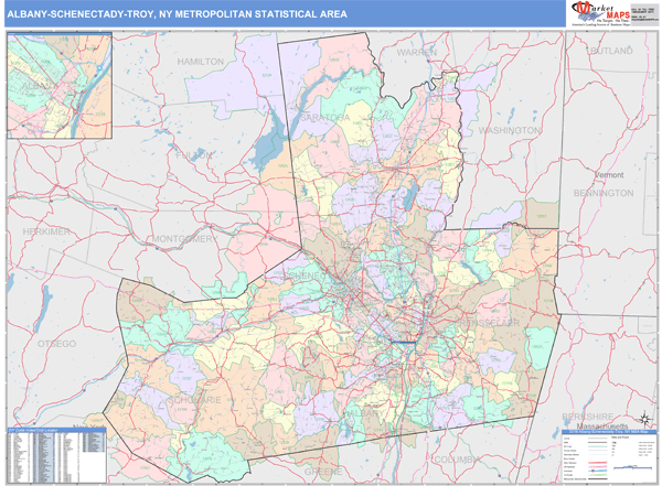 Albany-Schenectady-Troy, NY Metro Area Wall Map Color Cast Style by ...