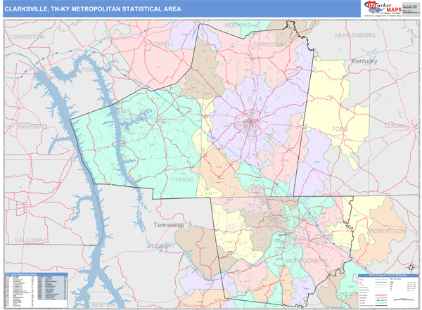 Clarksville, TN Metro Area Wall Map Color Cast Style by MarketMAPS