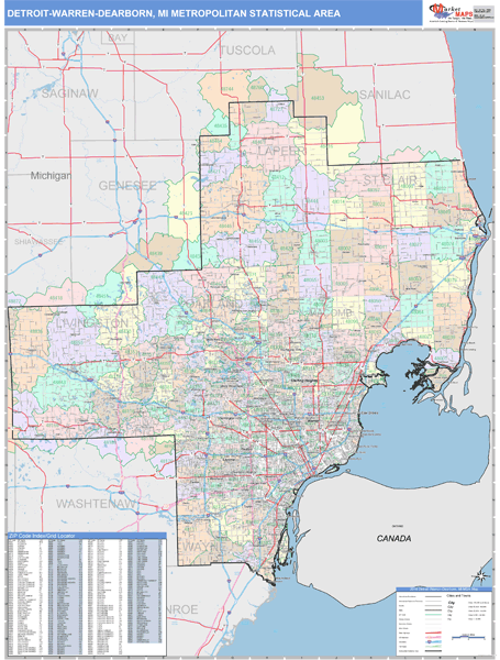 Detroit-Warren-Dearborn, MI Metro Area Wall Map Color Cast Style by ...