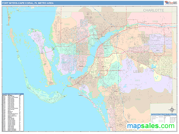 Fort Myers-Cape Coral, FL Metro Area Wall Map Color Cast Style by ...