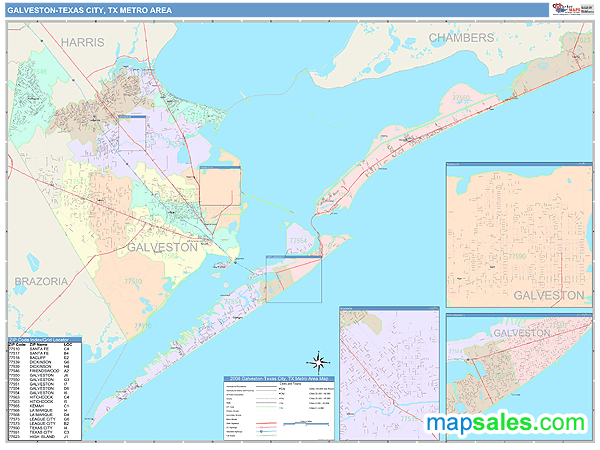 Galveston-Texas City, TX Metro Area Wall Map Color Cast Style by MarketMAPS