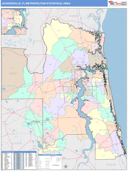 Jacksonville, FL Metro Area Wall Map Color Cast Style by MarketMAPS