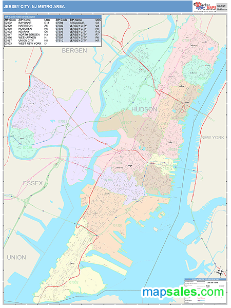 Jersey City, NJ Metro Area Wall Map Color Cast Style by MarketMAPS